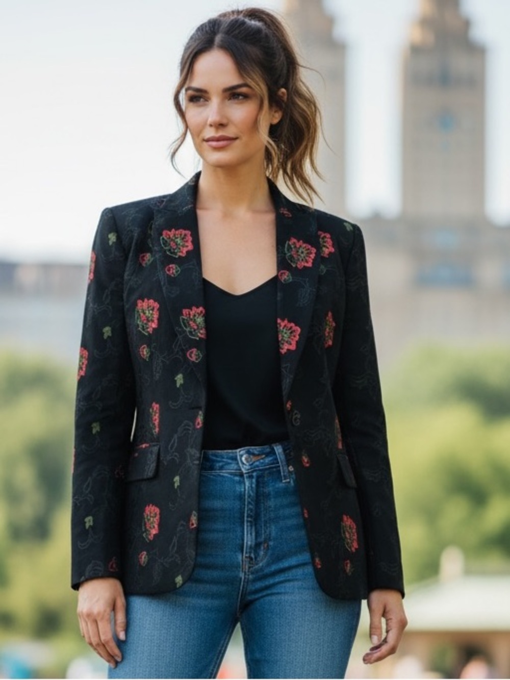 Vintage 90s Oscar by Oscar de la Renta Black Wool Embroidered Floral Blazer 6 - Picture 2 of 16